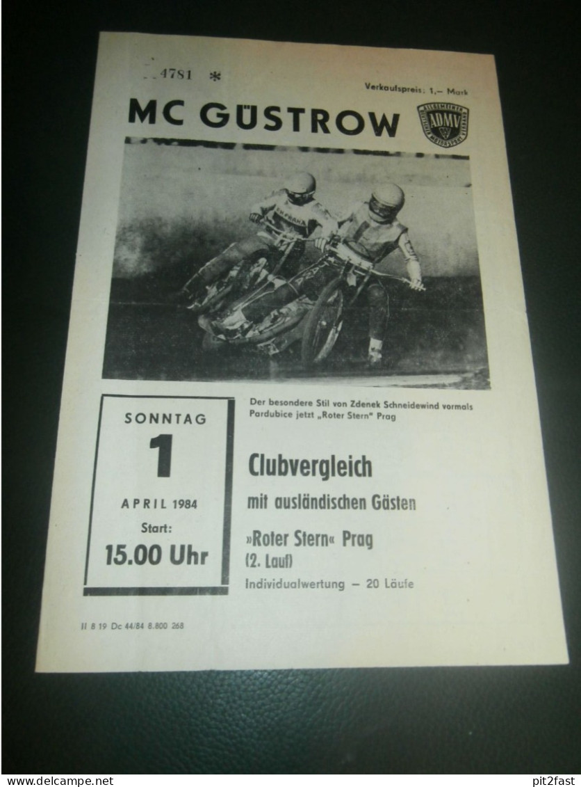 Speedway Güstrow 01.04.1984 , Prag , Programmheft , Programm , Rennprogramm !!! - Moto