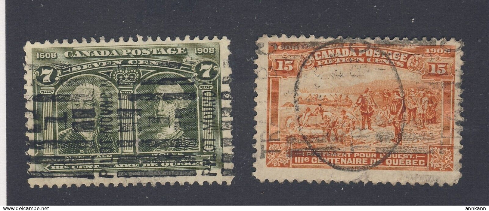 2x Canada 1908 Quebec Used Stamps #100-7c #102-15c SON Guide Value = $150.00 - Used Stamps