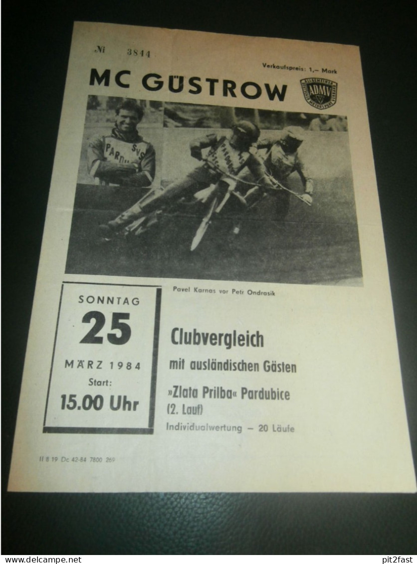 Speedway Güstrow 25.03.1984 , Zlata Prilba Pardubice , Programmheft , Programm , Rennprogramm !!! - Motor Bikes