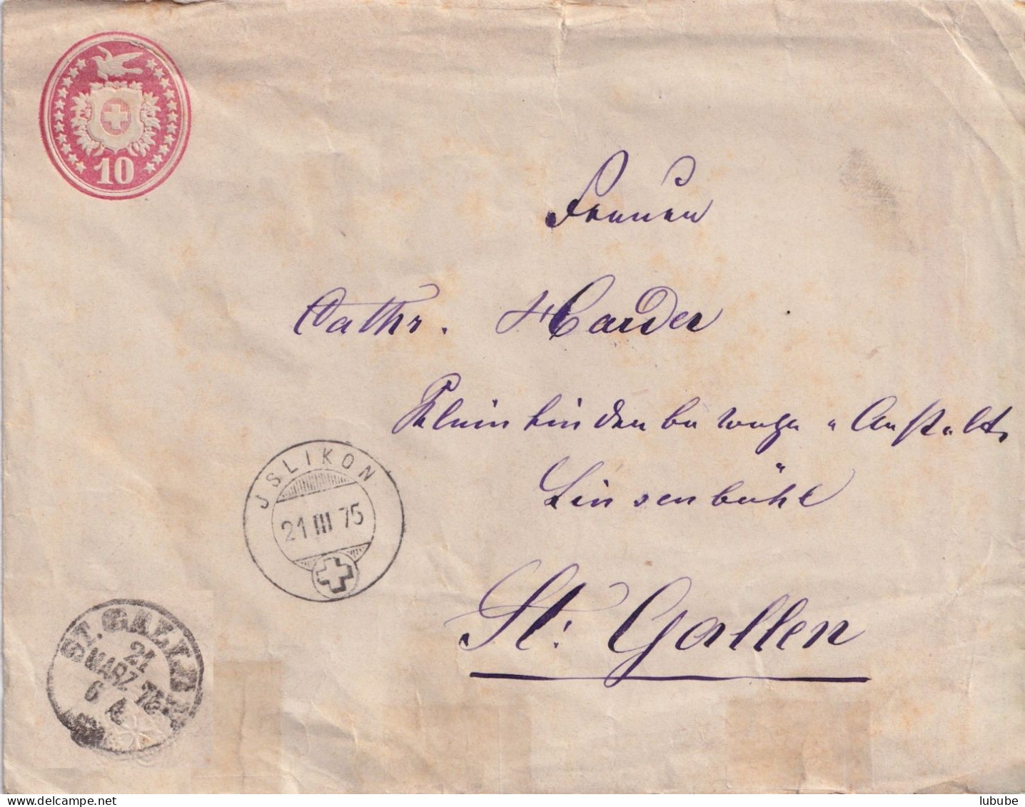 Tübli Brief 22  Jslikon - St.Gallen       1875 - Entiers Postaux