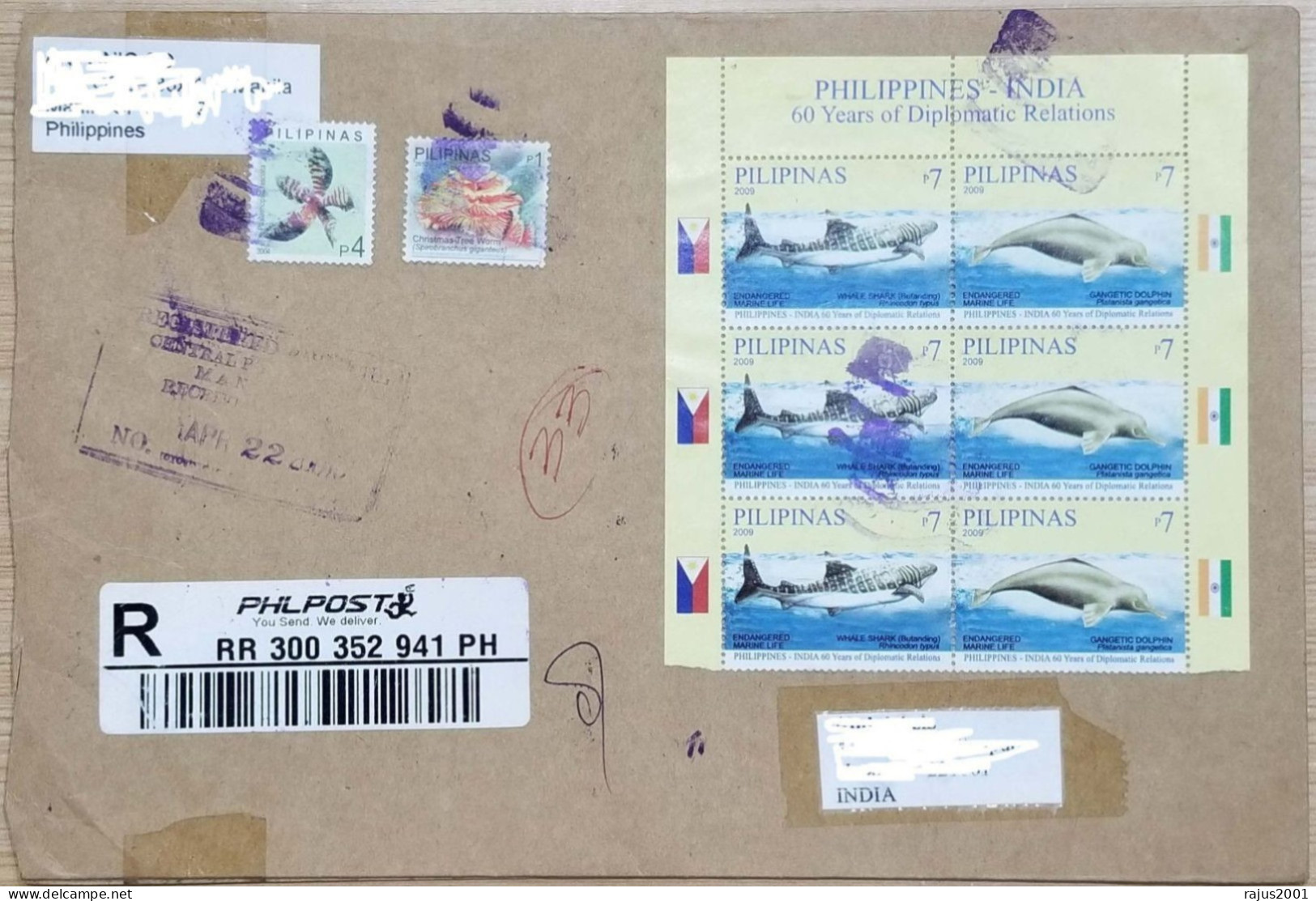 Dolphins, Whale Shark, Animal, Endangered Marine Life, Mammal, Philippines India Joint Issue Circulated Registered Cover - Dolphins