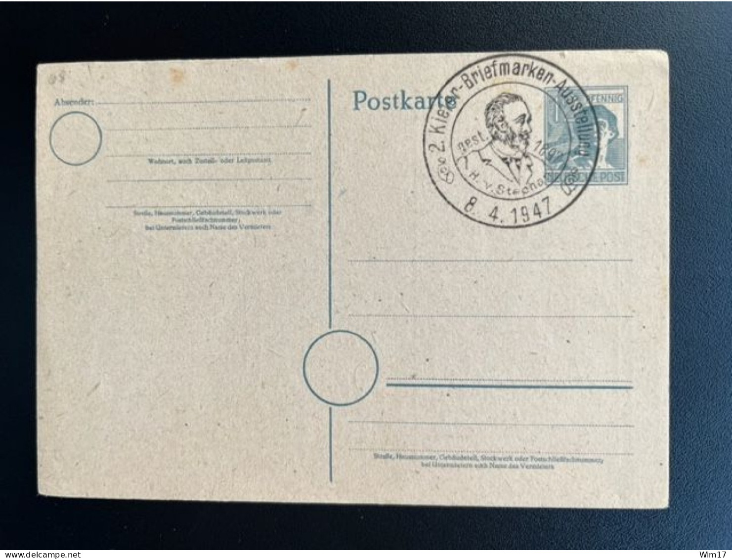 GERMANY 1947 POSTCARD KIEL 08-04-1947 DUITSLAND DEUTSCHLAND SST HEINRICH VON STEPHAN - Interi Postali