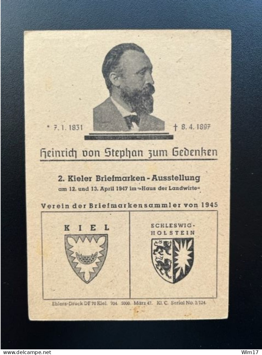 GERMANY 1947 POSTCARD KIEL 08-04-1947 DUITSLAND DEUTSCHLAND SST HEINRICH VON STEPHAN - Postwaardestukken