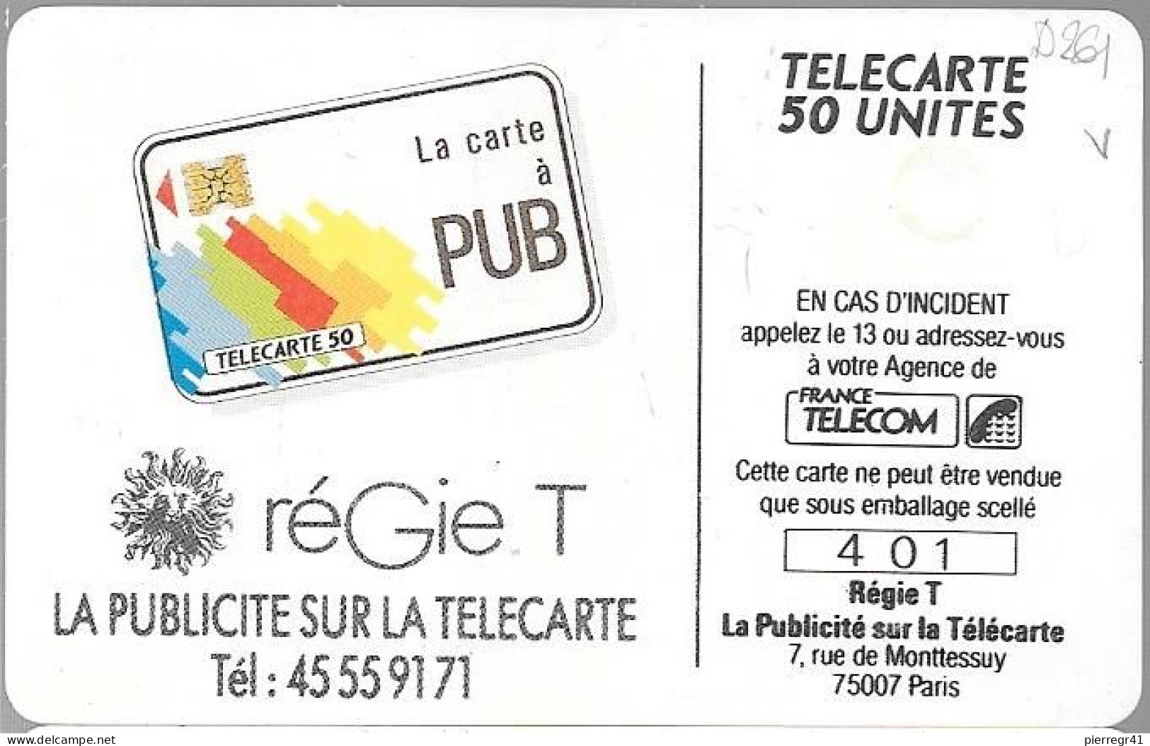 CARTE-PRIVEE-50U-GemA-D261-REGIE T-Texte En Francais/-N°401-R°Mat-800-Ex-Utilisé-TBE/-RARE - Telefoonkaarten Voor Particulieren