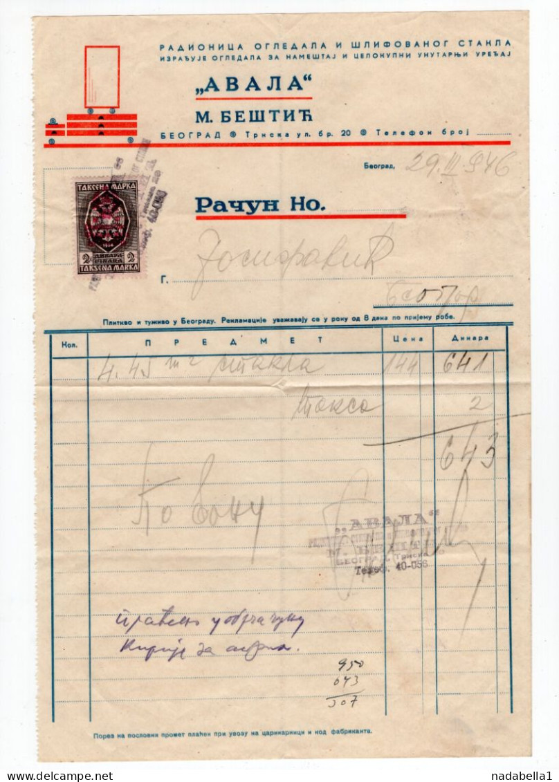 1946. YUGOSLAVIA,SERBIA,BELGRADE,AVALA,M.BESTIC,INVOICE ON LETTERHEAD,2 DIN. STATE REVENUE STAMP FNRJ OVERPRINT - Storia Postale