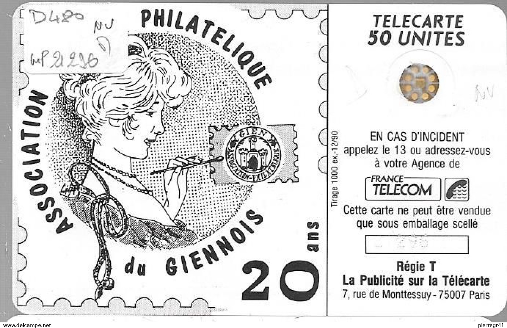 CARTE-PUCE-PRIVEE-D-50U-D480-Sc4ab-12/90-ASSOC-PHILA-du Giennois-1000Ex-V° 5 Imp21296-NEUVE-TBE/LUXE - Privées