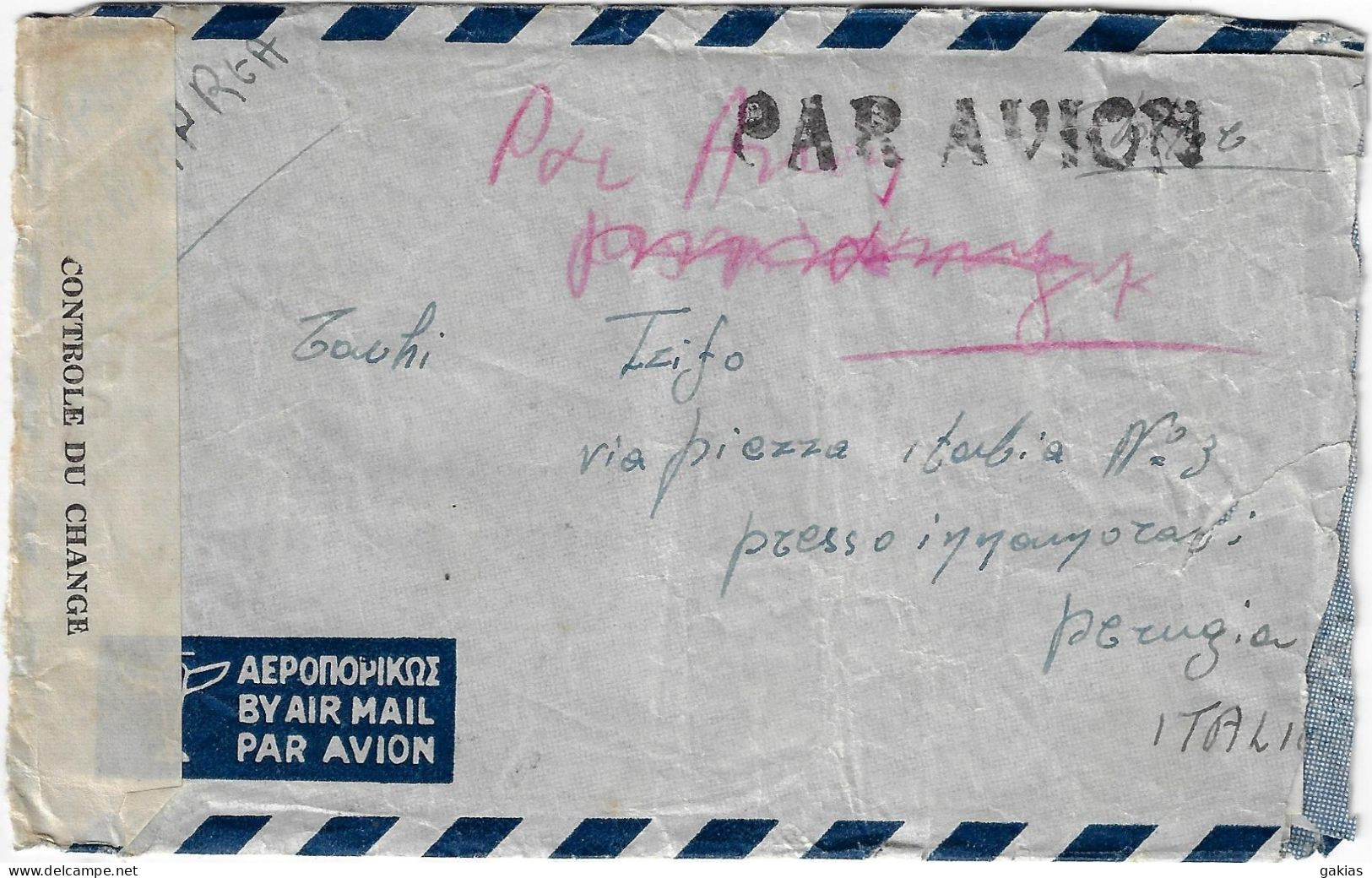 GREECE 23-11-1950 AIR COVER AGIA/LARISSA TO ITALIA. EXCHANGE CONTROL. - Brieven En Documenten