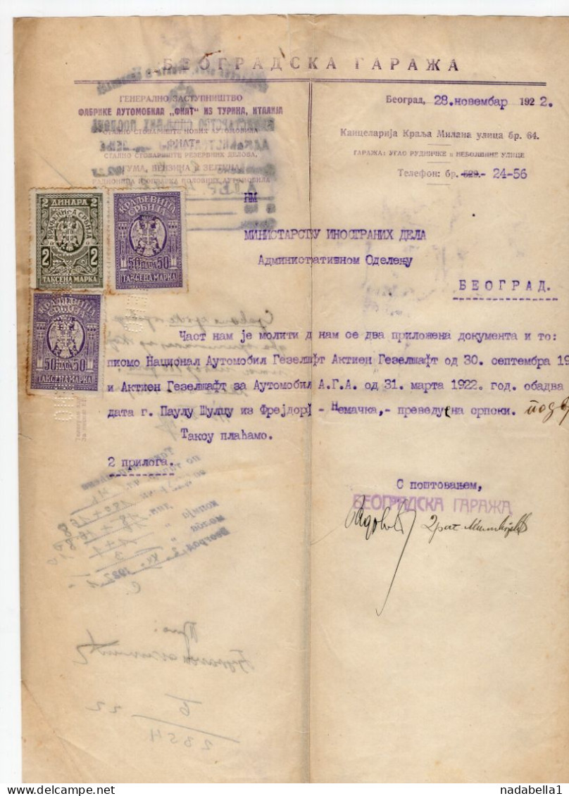 1922. KINGDOM OF SHS,SERBIA,BELGRADE,BELGRADE GARAGE,FIAT,TORINO AGENT,LETTERHEAD,3 KINGDOM OF SERBIA REVENUE STAMPS - Lettres & Documents