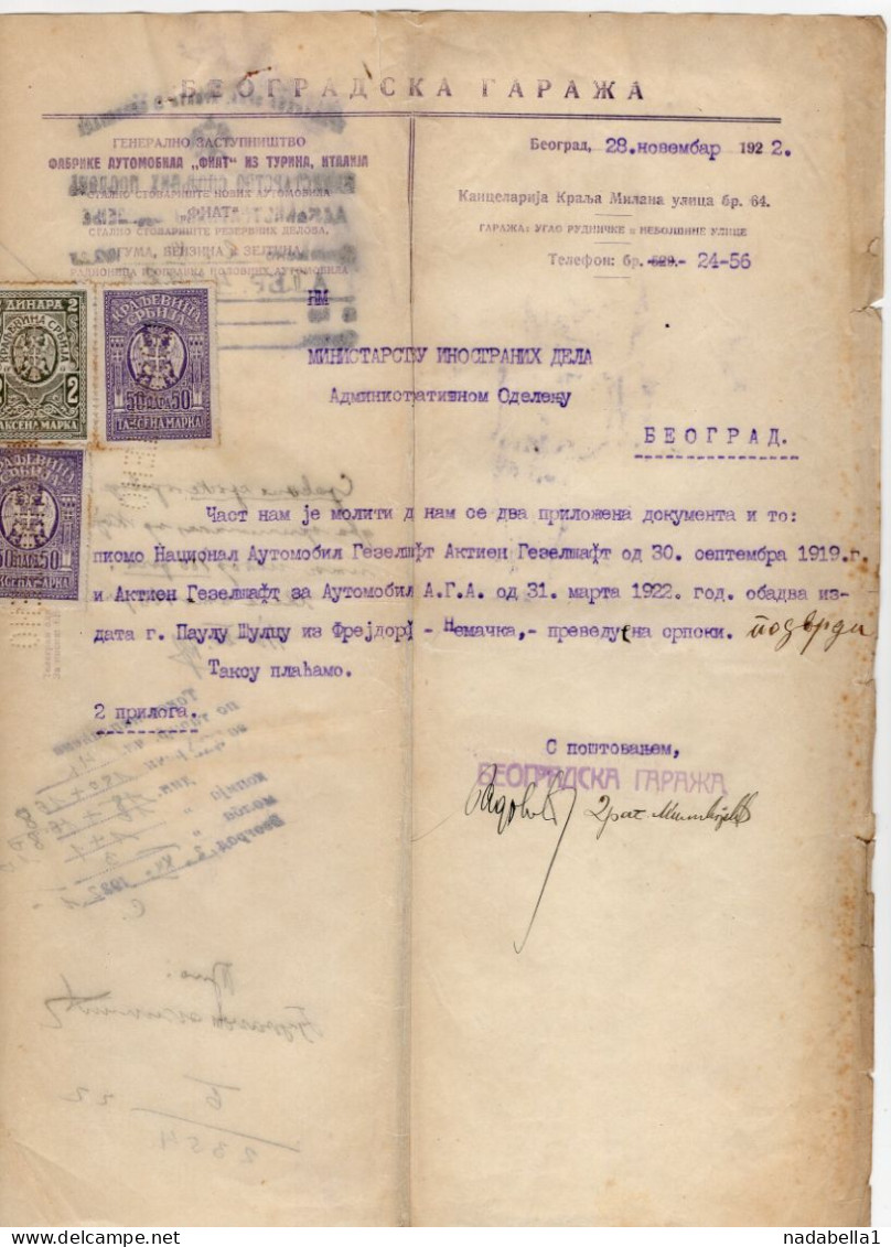 1922. KINGDOM OF SHS,SERBIA,BELGRADE,BELGRADE GARAGE,FIAT,TORINO AGENT,LETTERHEAD,3 KINGDOM OF SERBIA REVENUE STAMPS - Brieven En Documenten