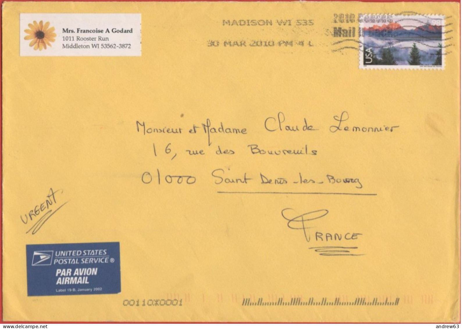 STATI UNITI - UNITED STATES - USA - US - 2010 - 98 Grand Teton National Park Wyoming - Air Mail - Medium Envelope - Viag - Brieven En Documenten