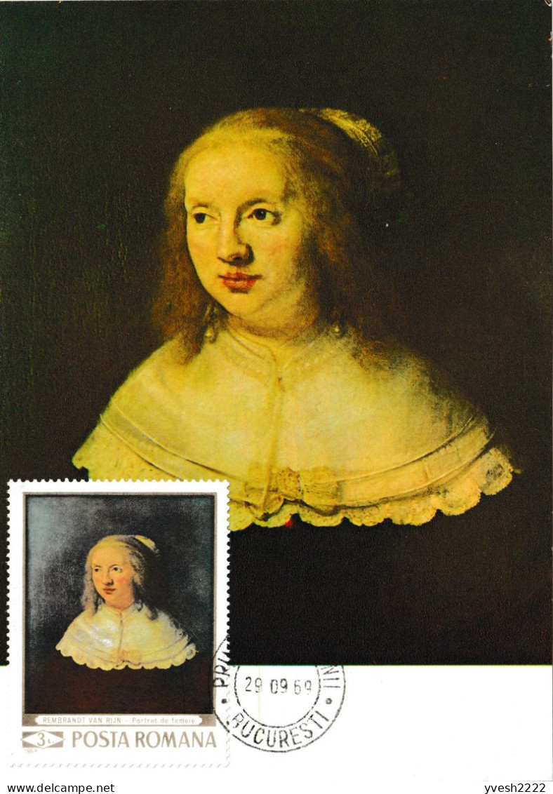 Roumanie 1969 Y&T 2494 Sur Carte Maximum. Peinture De Rembrandt.  Portrait De Femme - Rembrandt