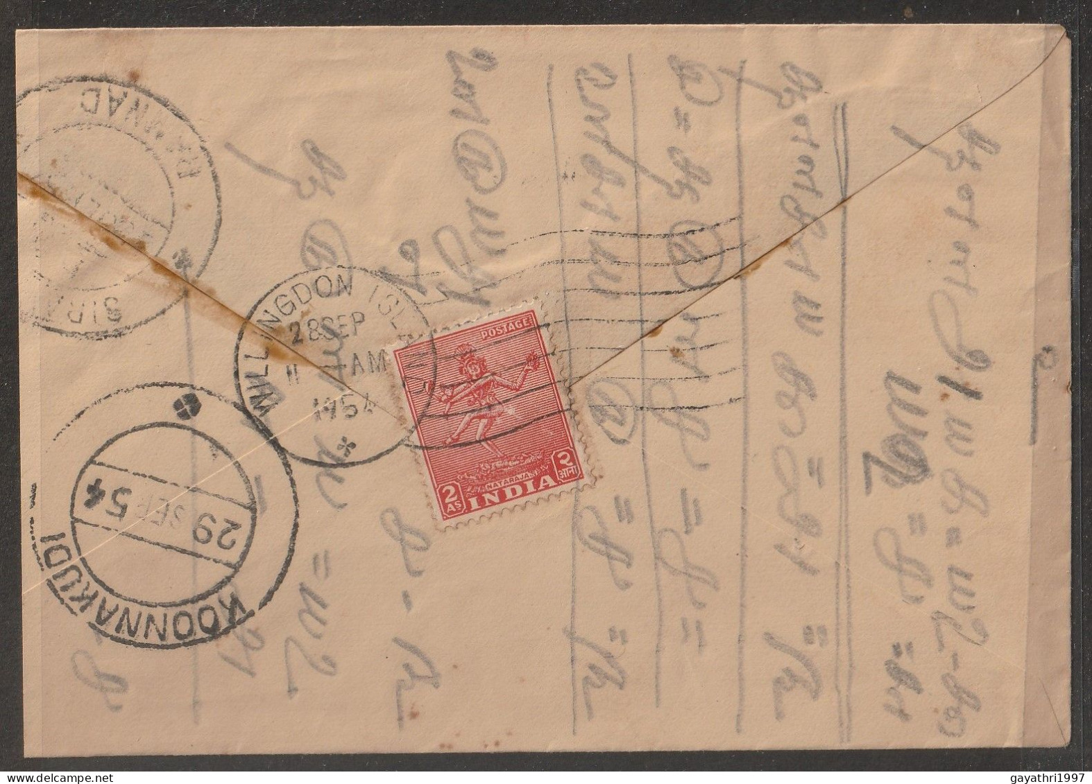 India 1954 Nataraja Stamp On Cover From Willingdon Island Cochin With Machine  Cancellation (a130) - Cochin