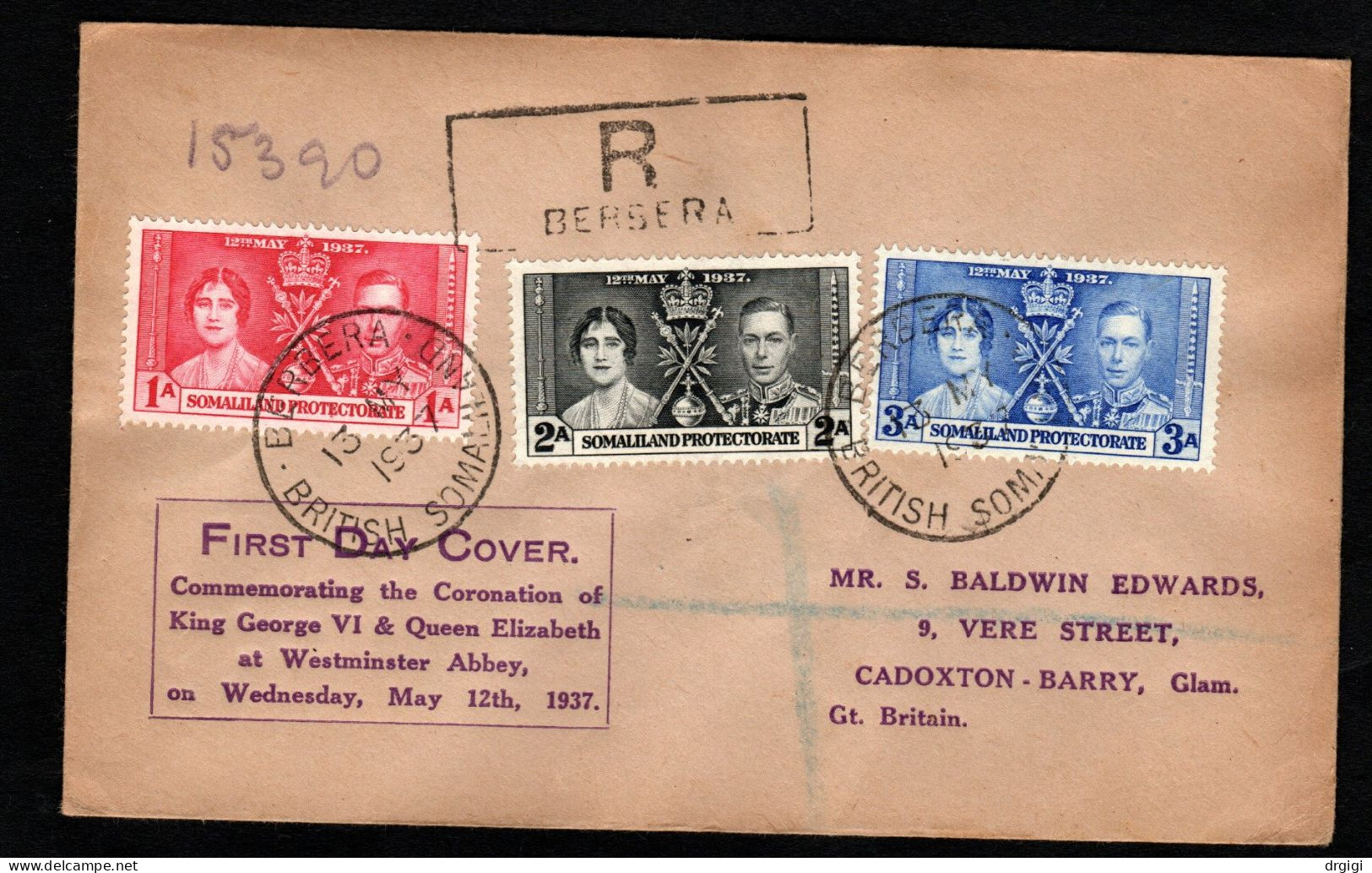 BRITISH SOMALILAND 1937, BUSTA FDC VIAGGIATA, BERBERA PER CADOXTON, REGNO UNITO - Somaliland (Protettorato ...-1959)