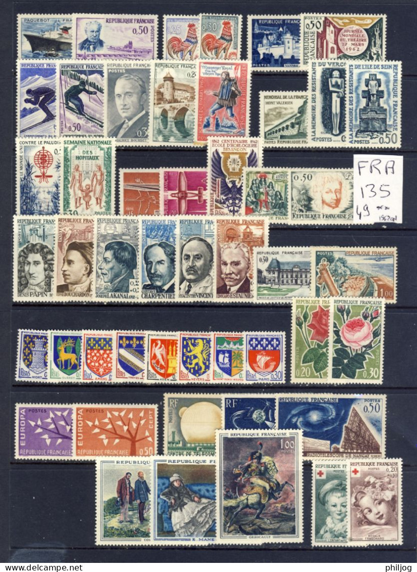 France - Année 1962 Complète Neuve SANS Charnière - Yvert 1325 à 1367 - Jahrgang 1962 Falzlos - MNH Year 1962 - 1960-1969