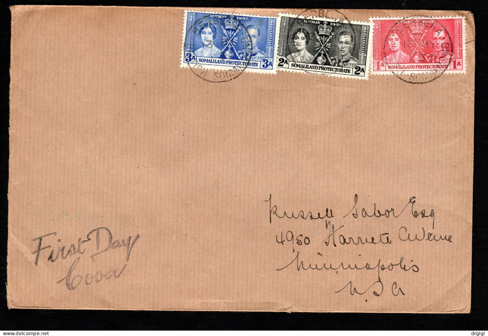 BRITISH SOMALILAND 1937, BUSTA FDC VIAGGIATA, BERBERA PER MINNEAPOLIS, USA - Somalilandia (Protectorado ...-1959)