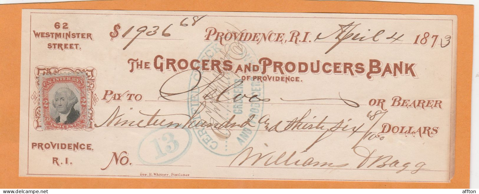 United States Old Check Cheques - Chèques & Chèques De Voyage