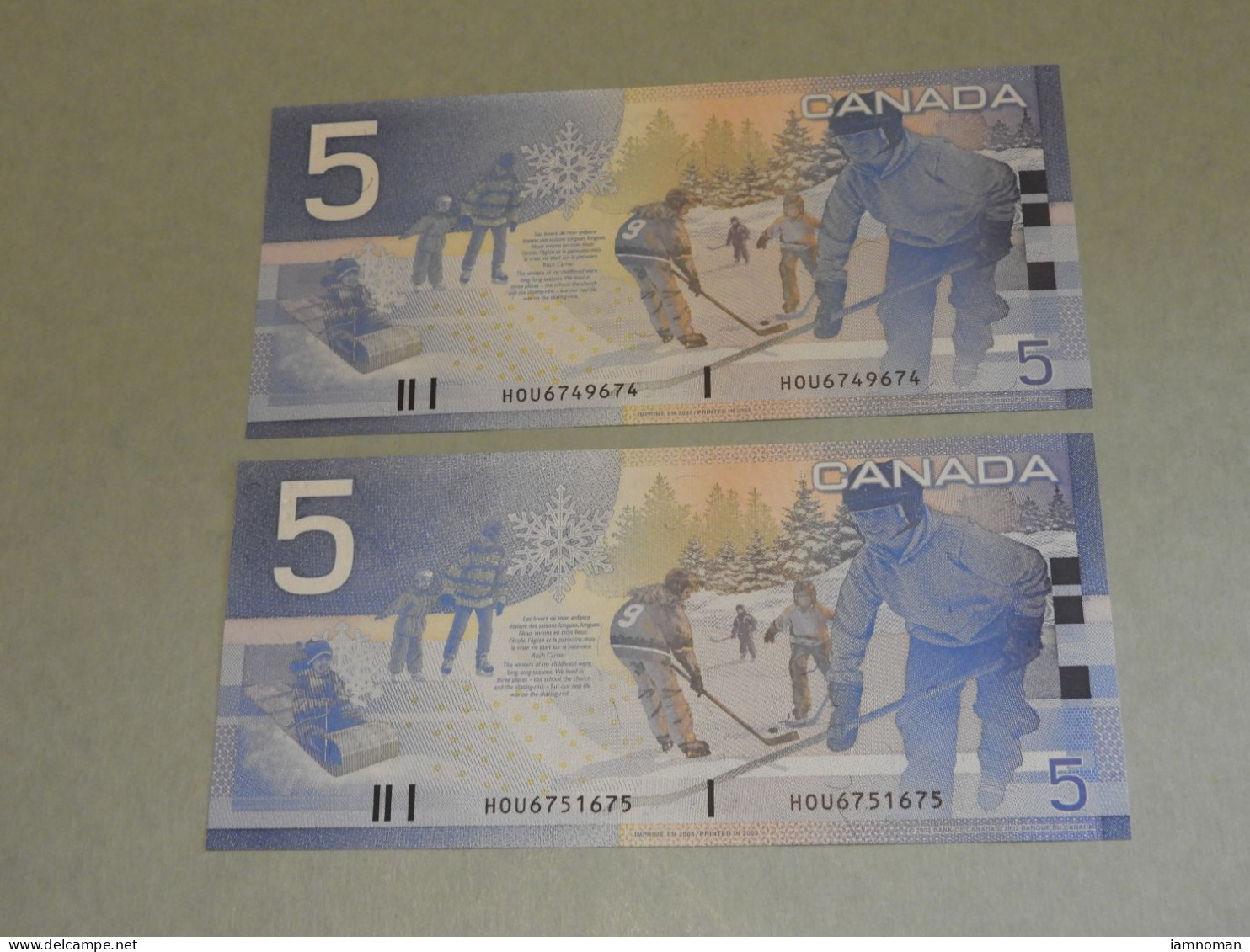 BANK OF CANADA 2005 $5 A PAIR OF REPEATER NOTES (HOU 6749674 & 6751675) - Canada