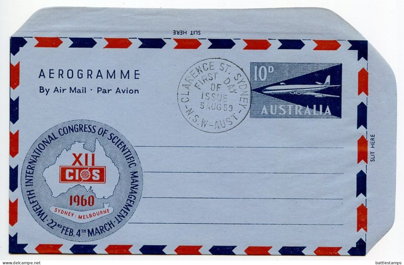 Australia 1959 10p. Airplane & 20th International Congress Of Scientific Management Aerogramme - FDC - Aérogrammes