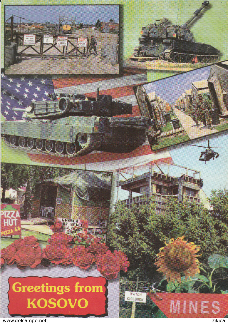 Greetings From Kosovo - Mines,pizza,U.S. Flag,Tank,military Zone,helicopter,sunflower -  Size (12.5cm / 17.5cm) - Kosovo