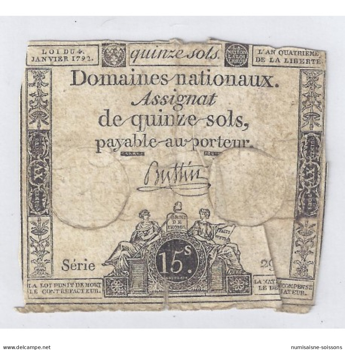 ASSIGNAT DE 15 SOLS - SERIE 29 - 04/01/1792 - B - Assignats