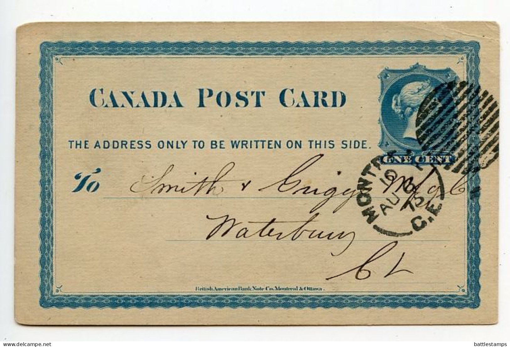 Canada 1875 1c. Queen Victoria Postal Card - Montreal, Quebec To Waterbury - 1860-1899 Reign Of Victoria