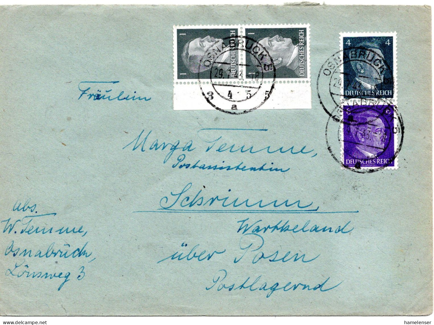 61944 - Deutsches Reich - 1943 - 4+6 Pfg Hitler MiF A Bf OSNABRUECK -> Schrimm, Umschlag Gewendet! (Recycling) - Se-Tenant