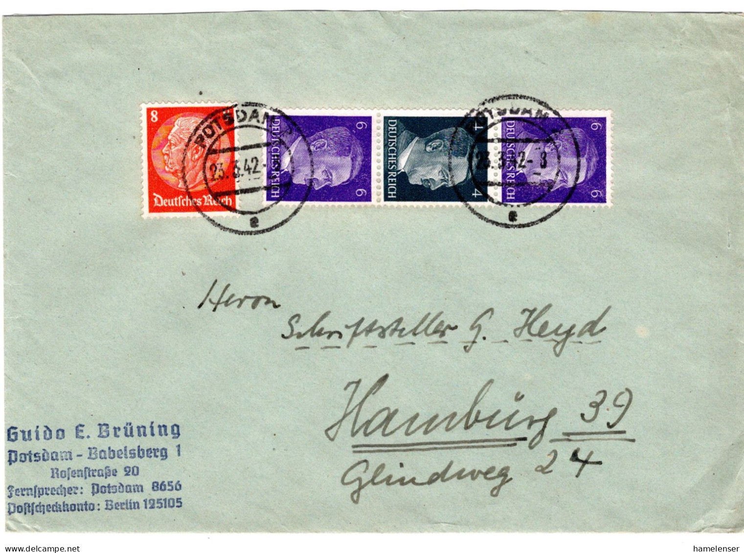 61949 - Deutsches Reich - 1942 - 6+4+6 Pfg Hitler MiF A Bf POTSDAM -> Hamburg - Se-Tenant