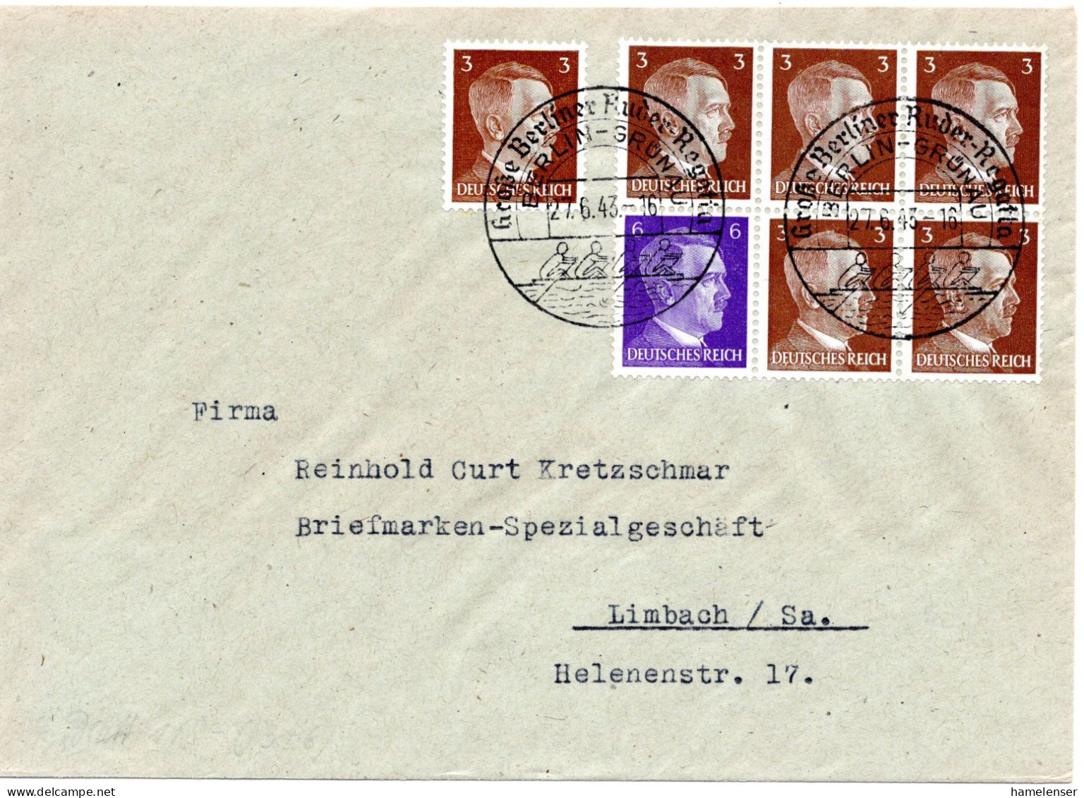 61952 - Deutsches Reich - 1943 - 6+3Pfg Hitler HBl MiF A Bf SoStpl BERLIN - ... RUDER-REGATTA -> Limbach - Roeisport