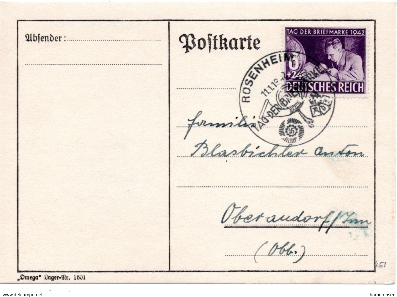 61967 - Deutsches Reich - 1942 - 6Pfg Tag Der Briefmarke EF A Kte SoStpl ROSENHEIM - TAG DER BRIEFMARKE -> Oberaudorf - Briefe U. Dokumente