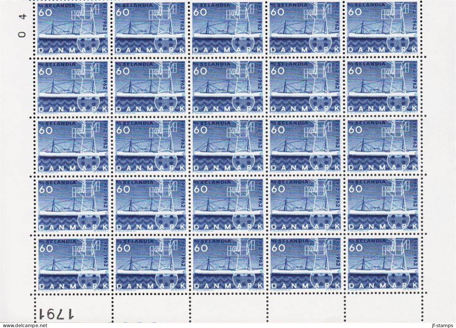 1962. DANMARK. SELANDIA 60 ØRE In 25-block Never Hinged With Margin Number 1791.  (Michel 406x) - JF540763 - Covers & Documents