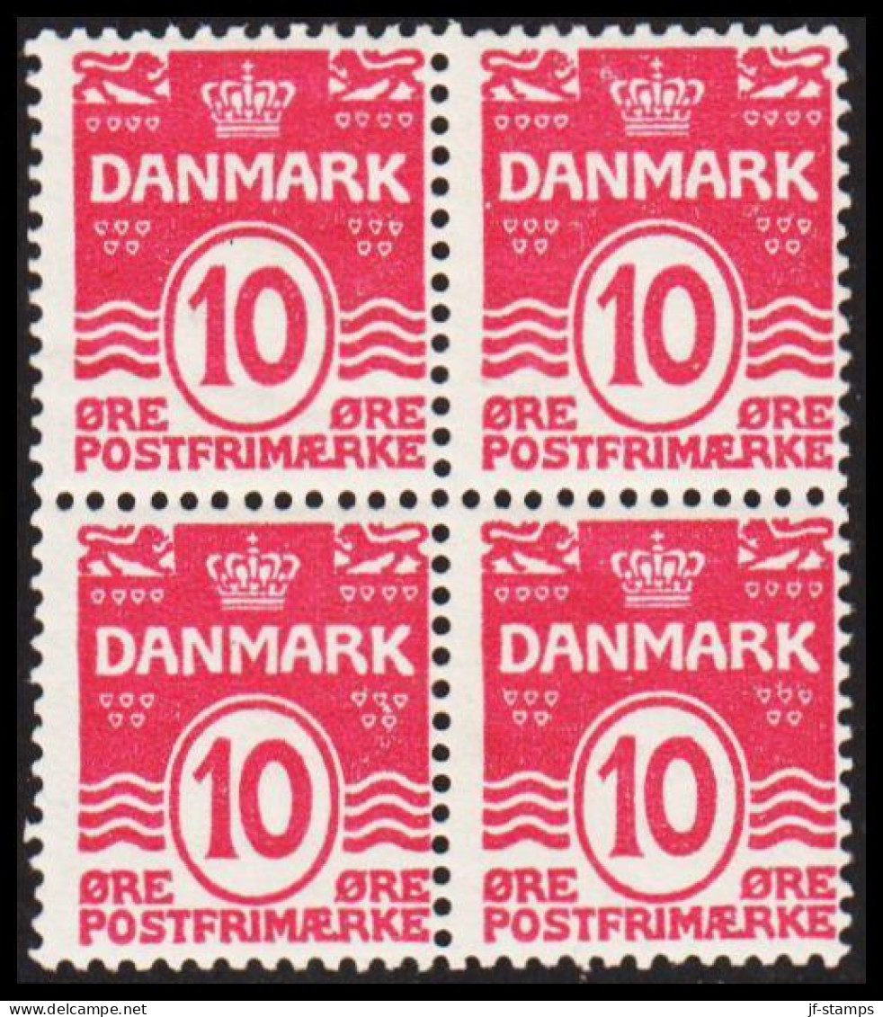 1912. DANMARK. Numeral. 10 Øre Carmine-pink. BEAUTIFUL NEVER HINGED 4-BLOCK.  (Michel 64) - JF541072 - Ungebraucht