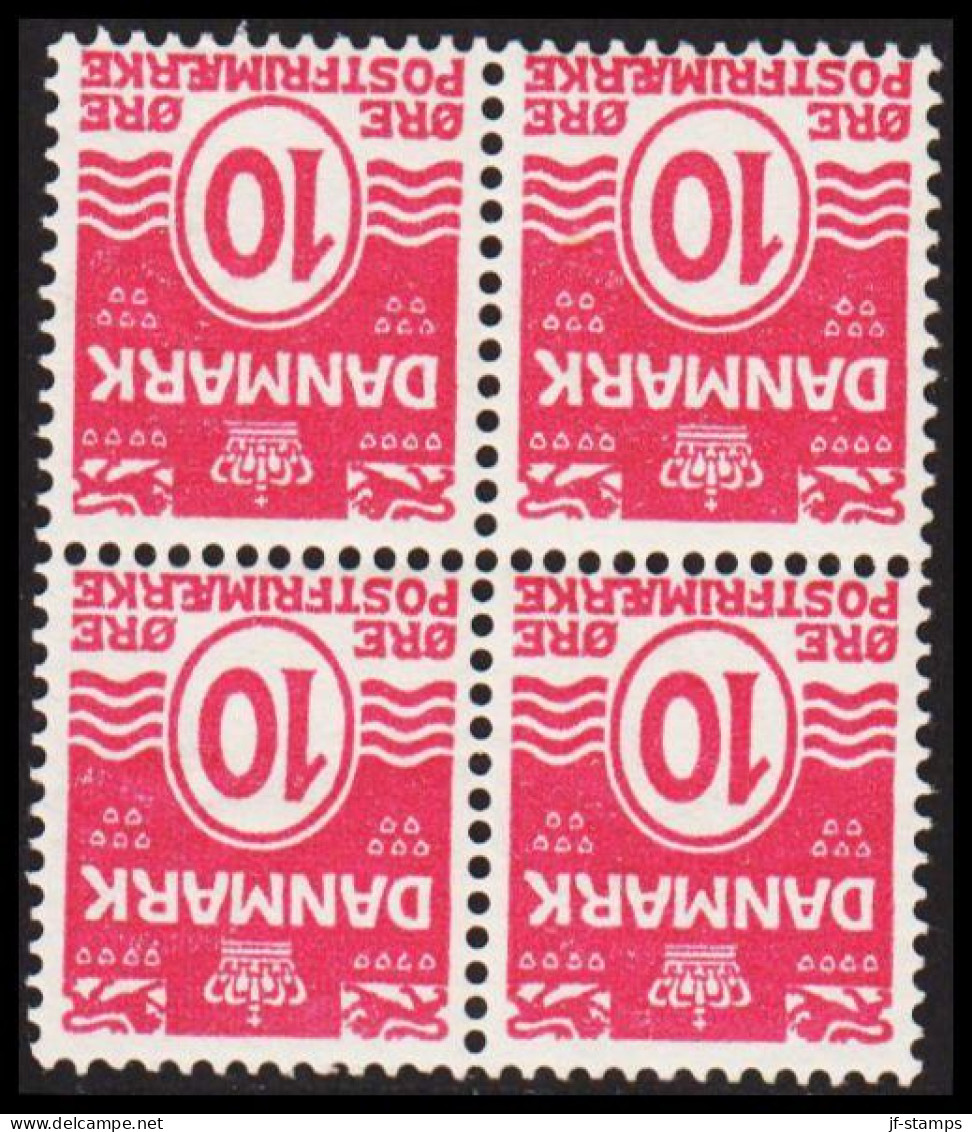 1912. DANMARK. Numeral. 10 Øre Carmine-pink. BEAUTIFUL NEVER HINGED 4-BLOCK WITH INVERTED WATE... (Michel 64) - JF541073 - Unused Stamps