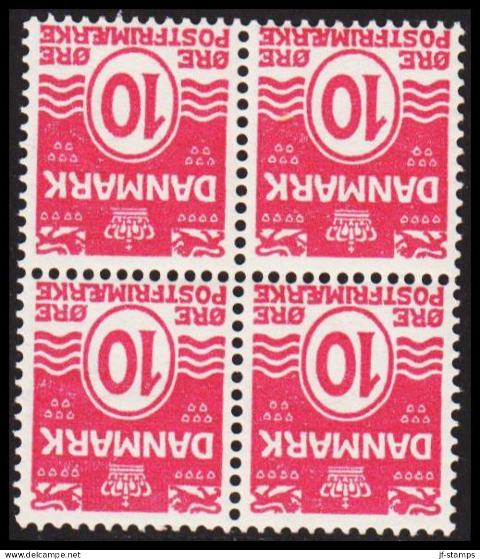 1912. DANMARK. Numeral. 10 Øre Carmine-pink. BEAUTIFUL NEVER HINGED 4-BLOCK WITH INVERTED WATE... (Michel 64) - JF541073 - Nuevos