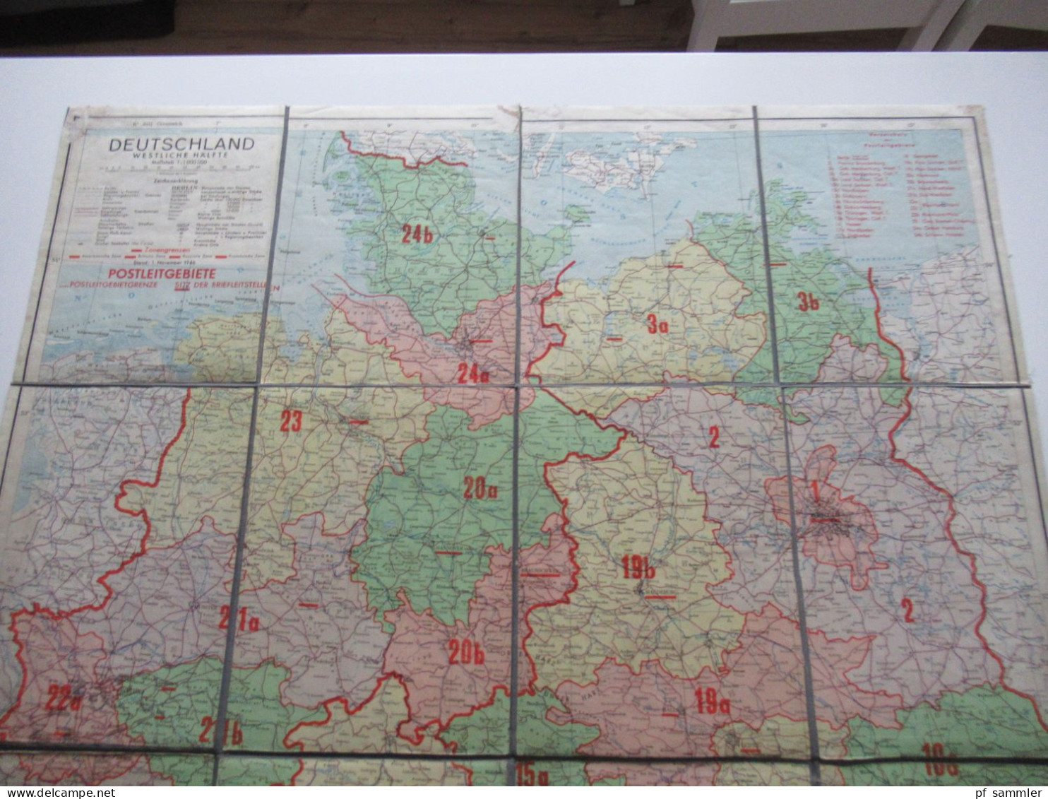 Alte Landkarte / Faltplan Auf Leinen Deutschland 1946 Westliche Hälfte Mit Den Postleitgebieten Maße: 70cm X 90cm - Landkarten