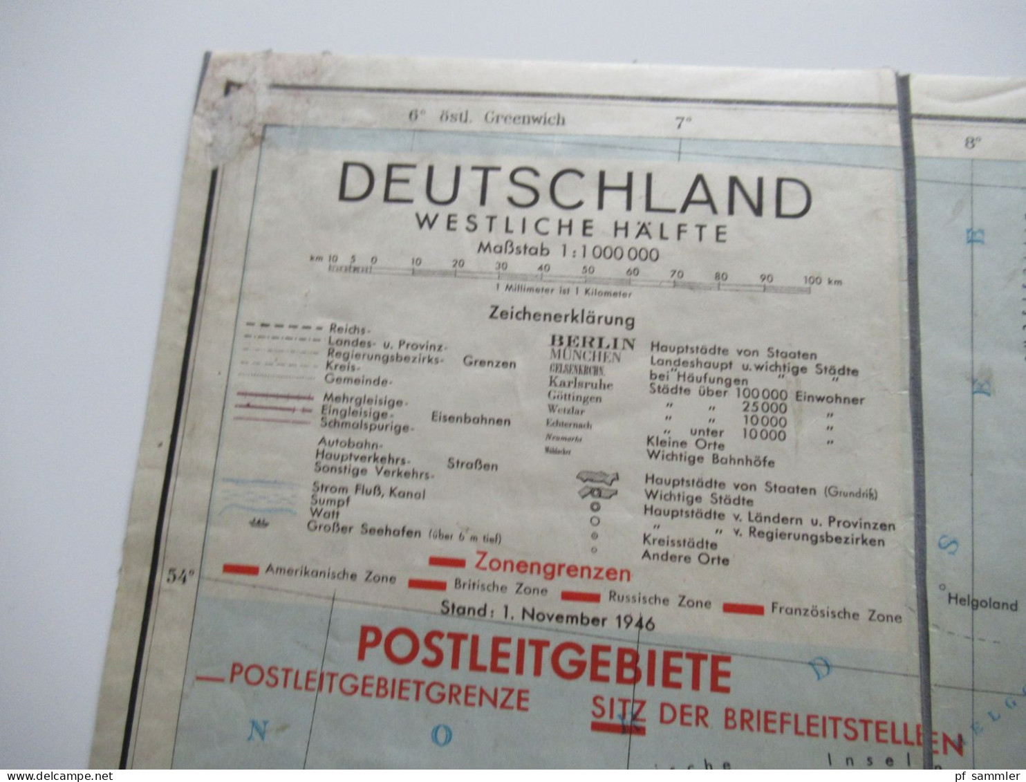 Alte Landkarte / Faltplan Auf Leinen Deutschland 1946 Westliche Hälfte Mit Den Postleitgebieten Maße: 70cm X 90cm - Cartes Géographiques