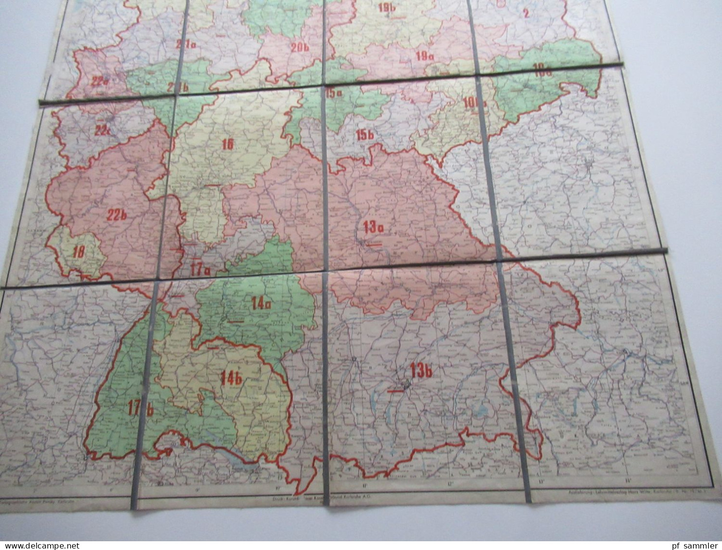Alte Landkarte / Faltplan auf Leinen Deutschland 1946 westliche Hälfte mit den Postleitgebieten Maße: 70cm x 90cm