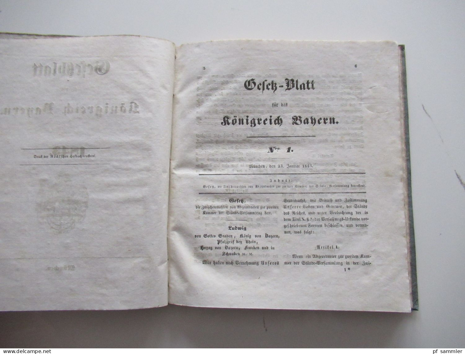 Altdeutschland Gesetzblatt für das Königreich Bayern 1843 / Ludwig, König von Bayern / Pappeinband