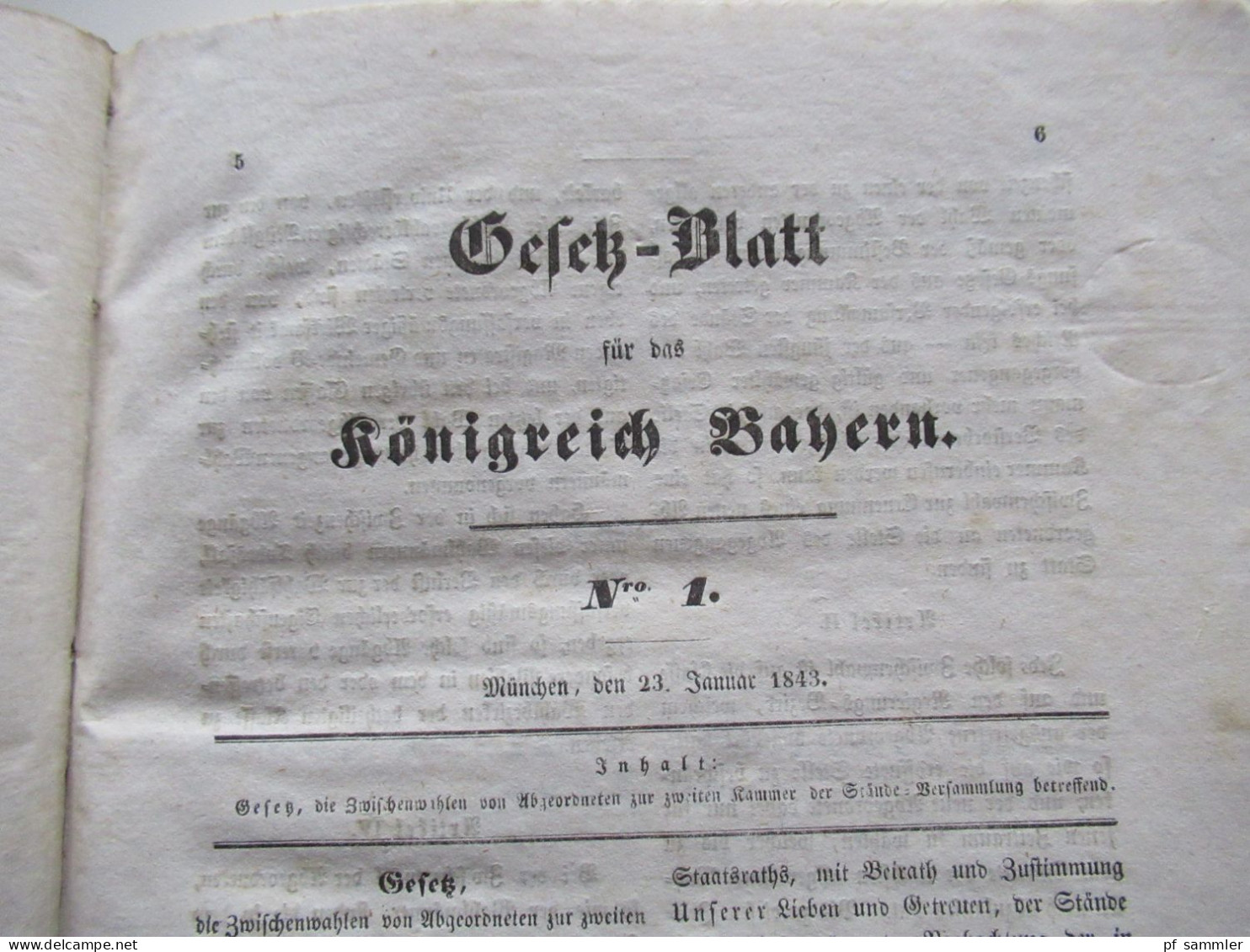 Altdeutschland Gesetzblatt für das Königreich Bayern 1843 / Ludwig, König von Bayern / Pappeinband