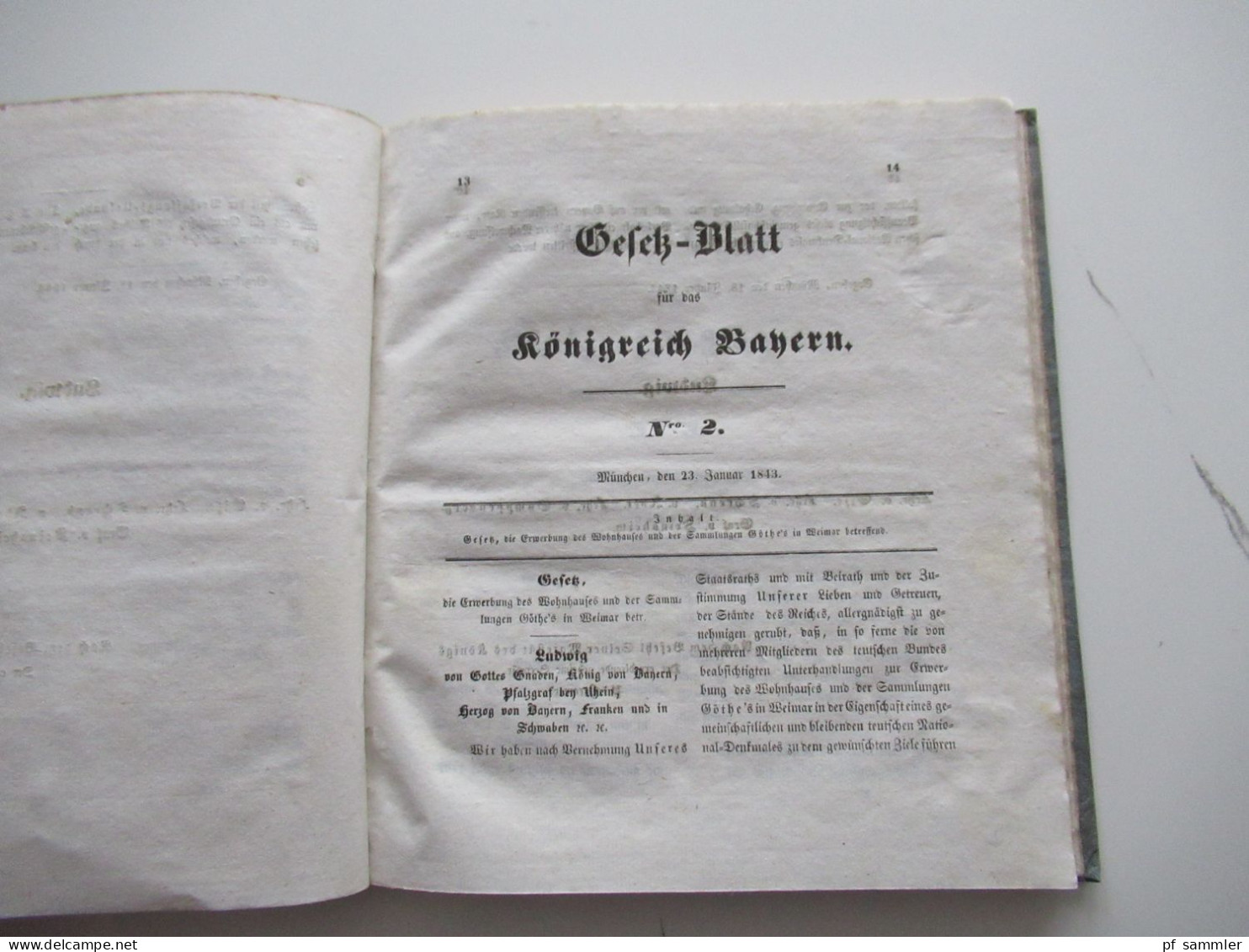 Altdeutschland Gesetzblatt für das Königreich Bayern 1843 / Ludwig, König von Bayern / Pappeinband