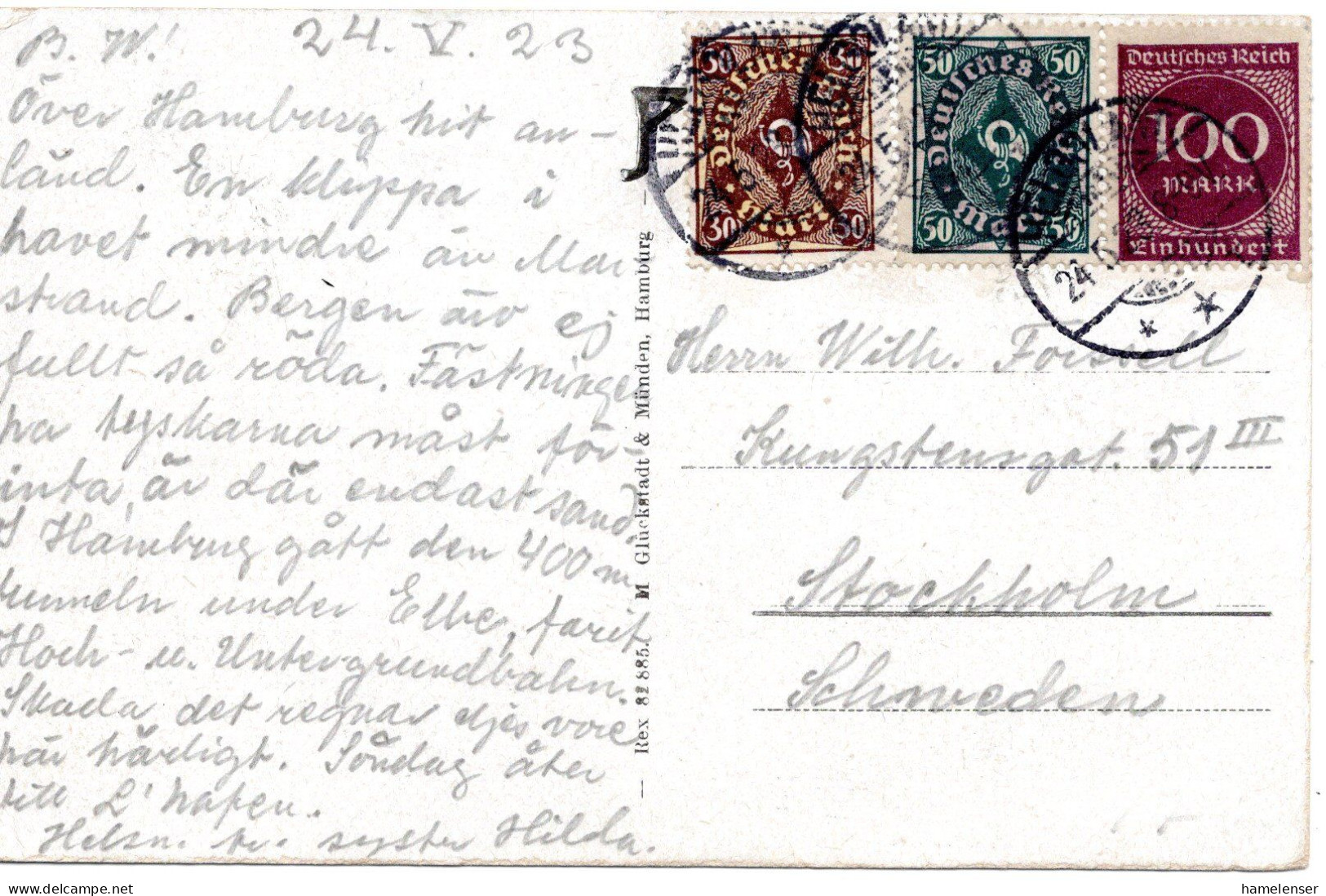 61984 - Deutsches Reich - 1923 - 100M Ziffer A AnsKte HELGOLAND -> Schweden - Covers & Documents