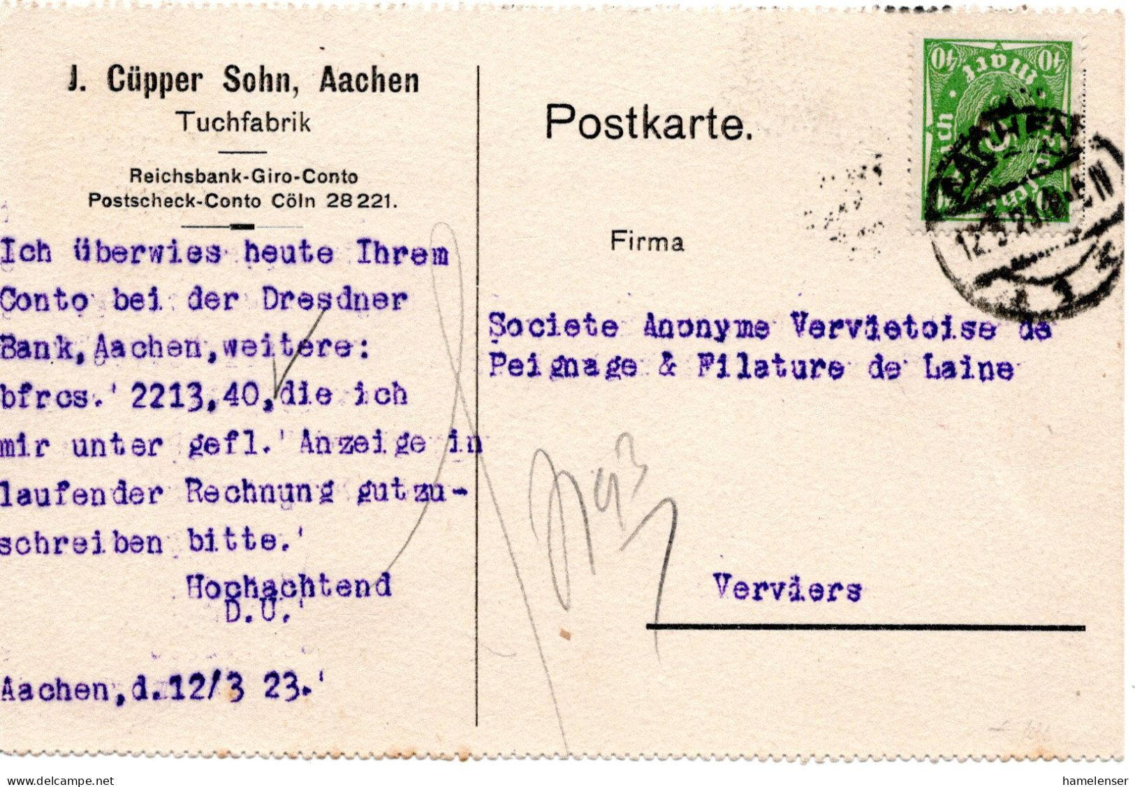 61988 - Deutsches Reich - 1923 - 40M Posthorn EF A Kte AACHEN -> Belgien - Storia Postale