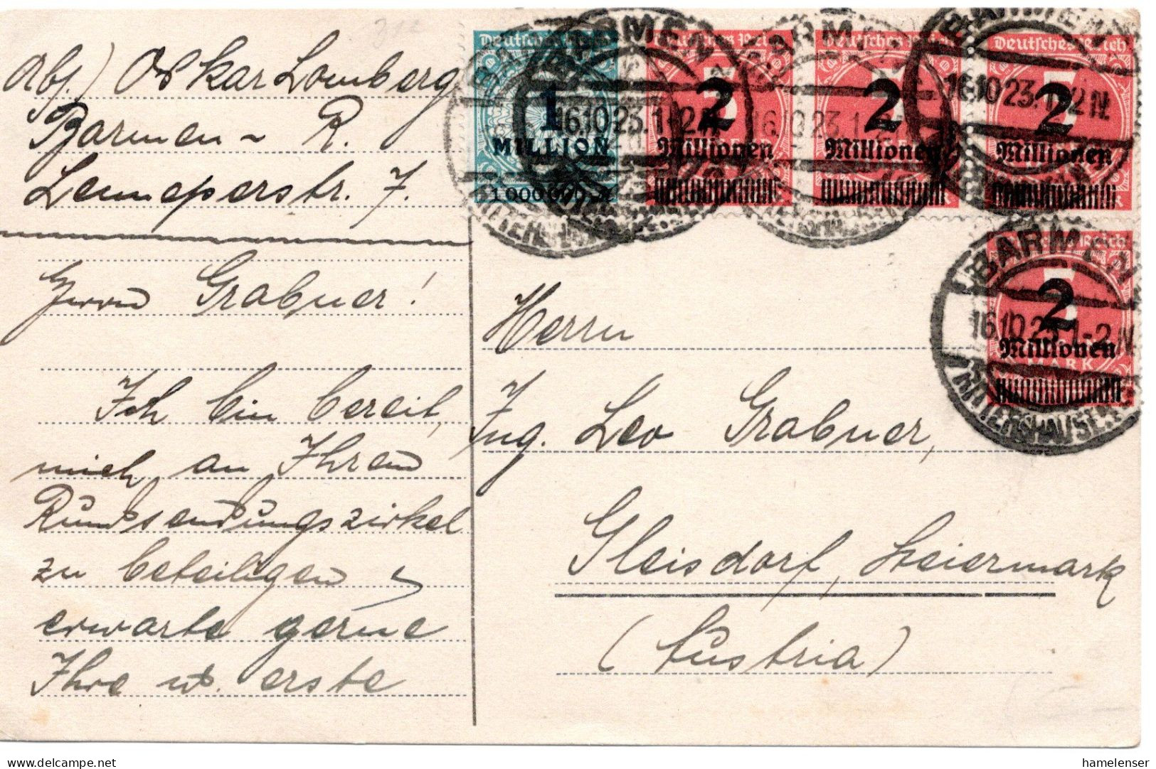 61989 - Deutsches Reich - 1923 - 4@2Mio/5000M MiF A Kte BARMEN -> Oesterreich - Lettres & Documents