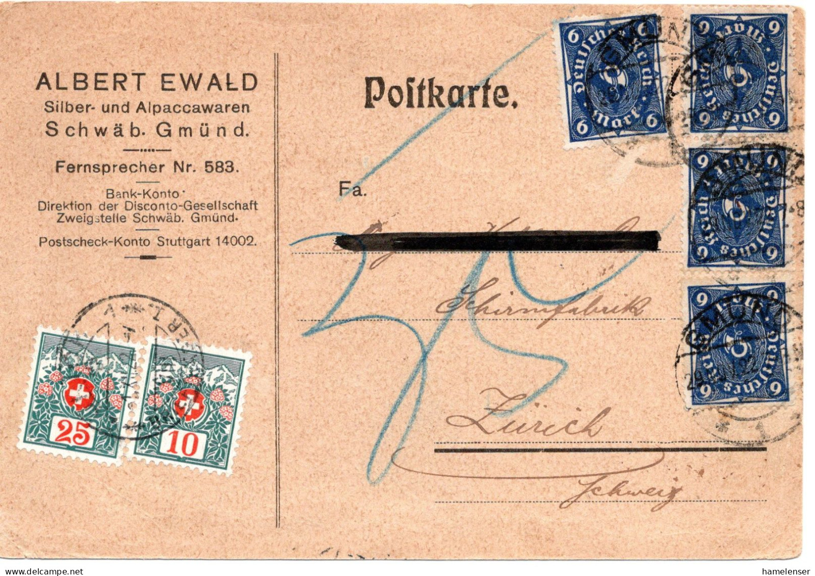 61990 - Deutsches Reich - 1922 - 4@6M Posthorn A Kte GMUEND -> ZUERICH (Schweiz), M 35Rp Nachporto - Taxe