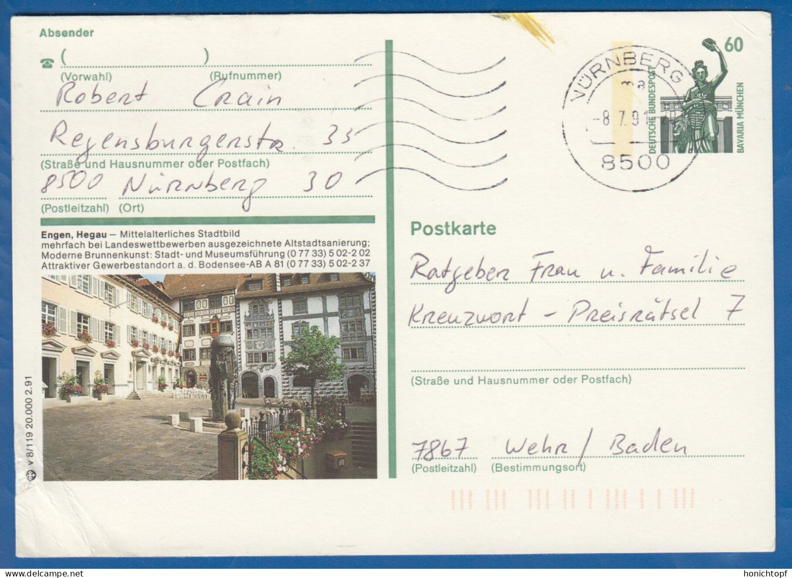 Deutschland; BRD; Postkarte; 60 Pf Bavaria München; Engen, Hegau - Cartoline Illustrate - Usati