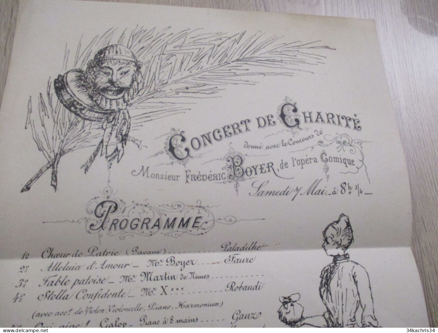 Programme Concert De Charité Illustré Mr Boyer Opéra Comique Lithographie Donadieu Montpellier à Confirmer 30 X 22 - Programs