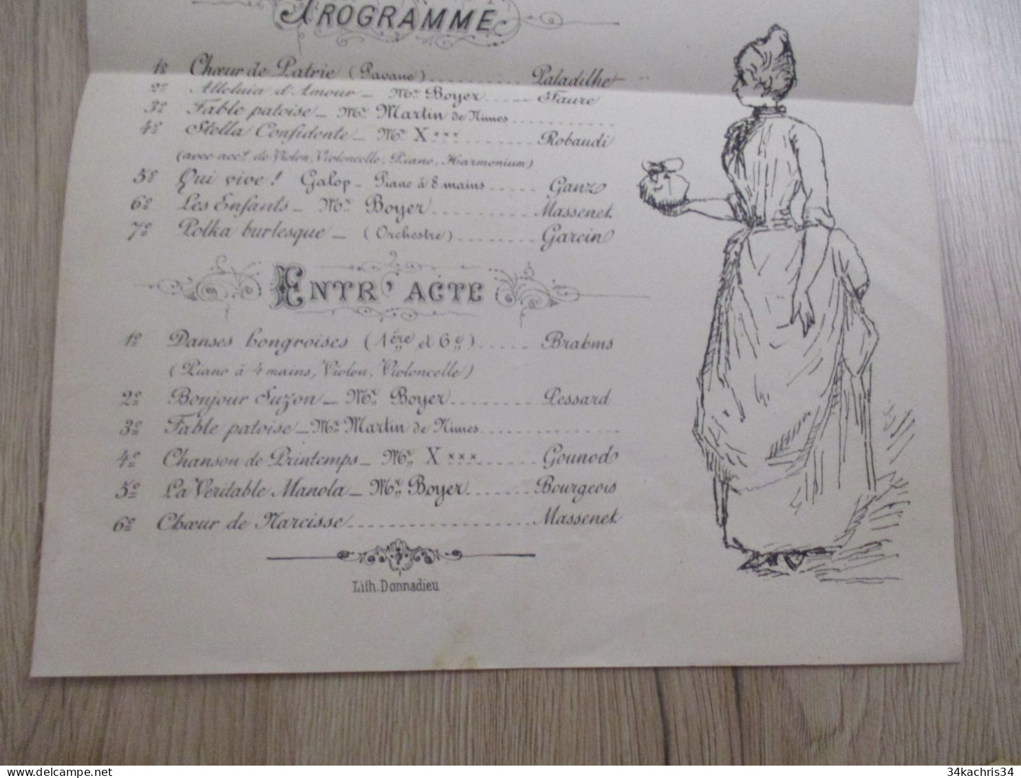 Programme Concert De Charité Illustré Mr Boyer Opéra Comique Lithographie Donadieu Montpellier à Confirmer 30 X 22 - Programma's