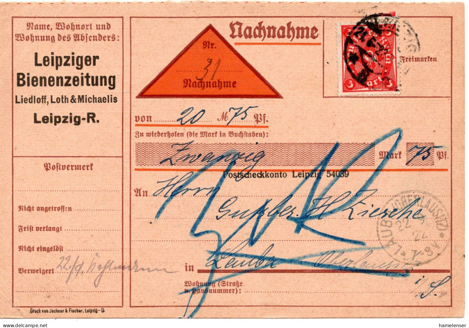 61993 - Deutsches Reich - 1922 - 3M Posthorn EF A NN-Kte LEIPZIG -> LAUBA - Brieven En Documenten