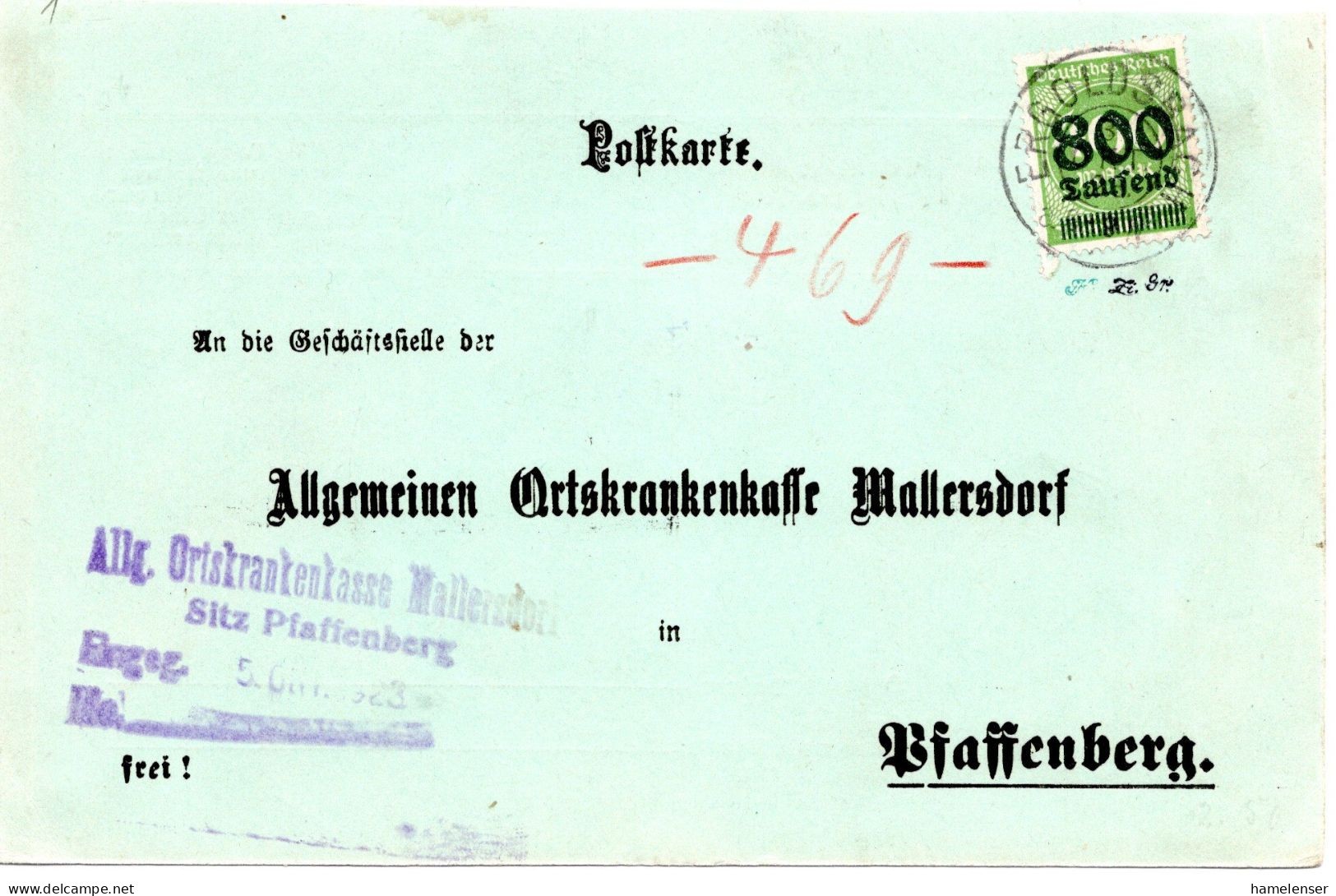 61994 - Deutsches Reich - 1923 - 800.000/400M EF A Kte ERGOLDSBACH -> Pfaffenberg - Briefe U. Dokumente