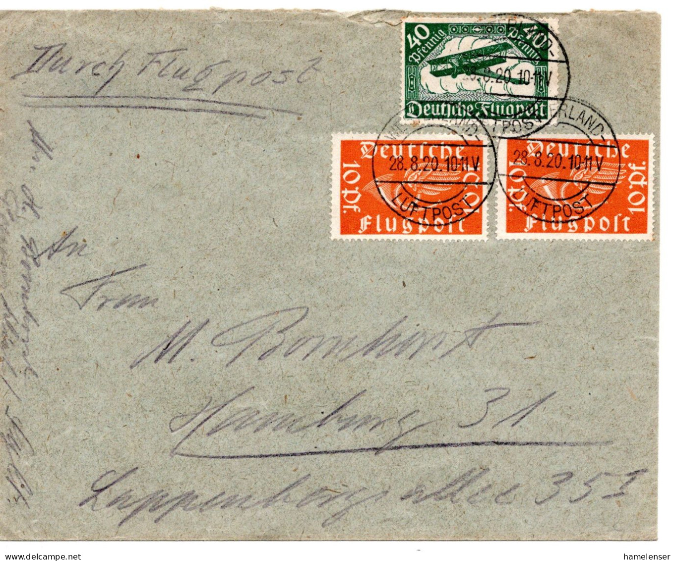 62000 - Deutsches Reich - 1920 - 40Pfg Luftpost MiF A LpBf WESTERLAND -> Hamburg - Storia Postale