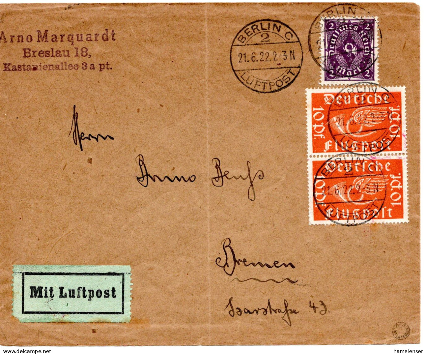 62001 - Deutsches Reich - 1922 - 2@10Pfg Luftpost MiF A LpBf BERLIN -> Bremen - Storia Postale